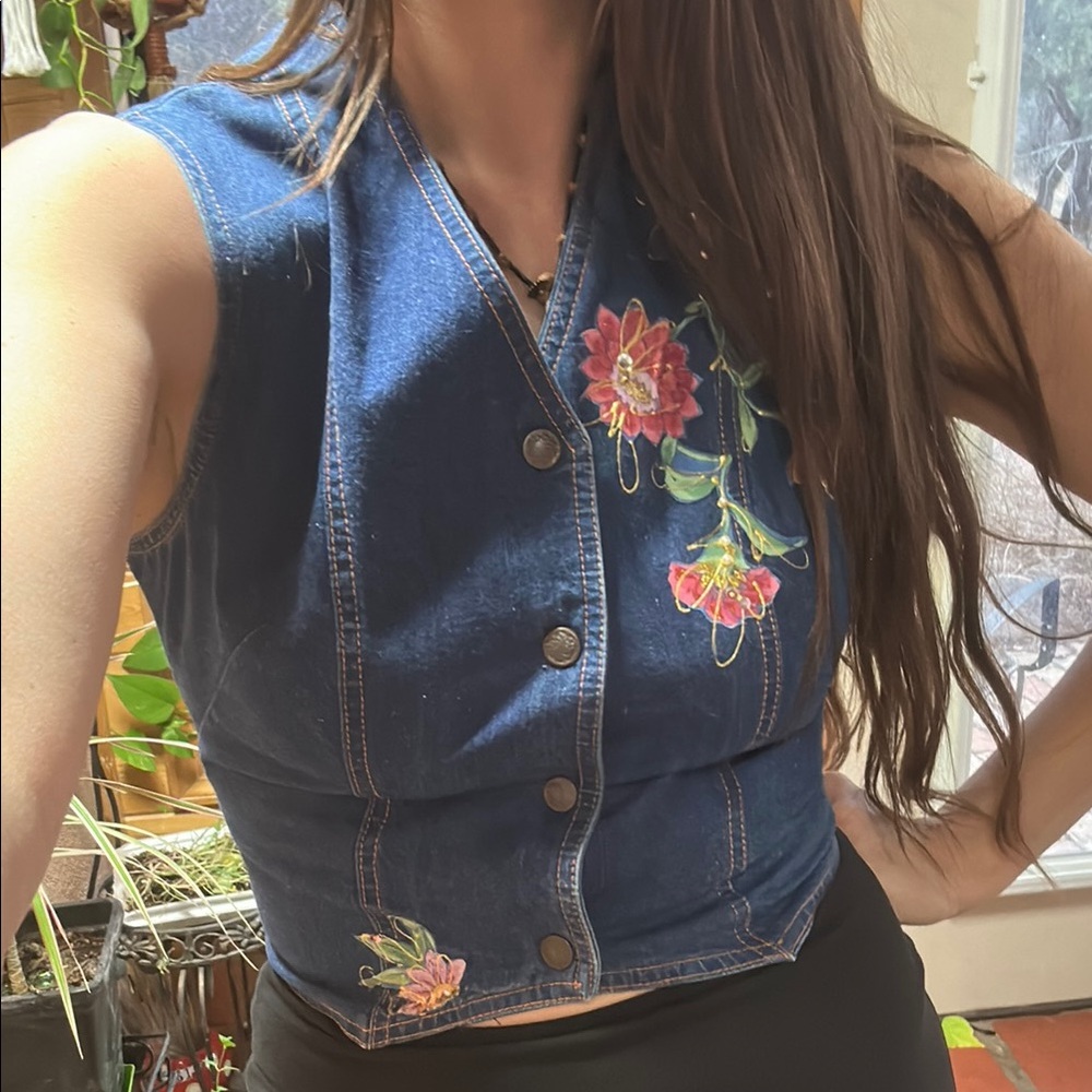 Fitted Vintage Embellished Floral Denim Vest Handmade Small